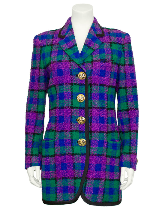 Purple and Green Plaid Long Blazer