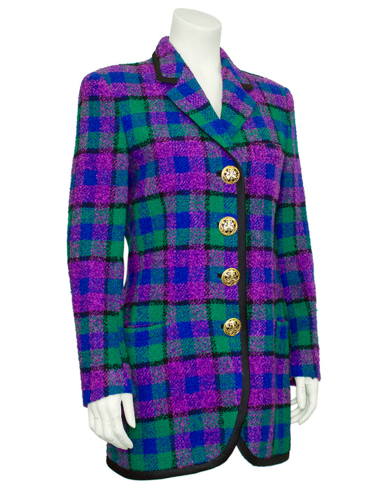 Purple and Green Plaid Long Blazer