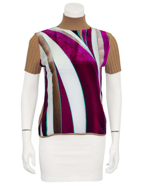 Beige and Multi Colour Fall 2000 Short Sleeve Mockneck Knit Top