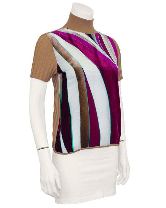 Beige and Multi Colour Fall 2000 Short Sleeve Mockneck Knit Top