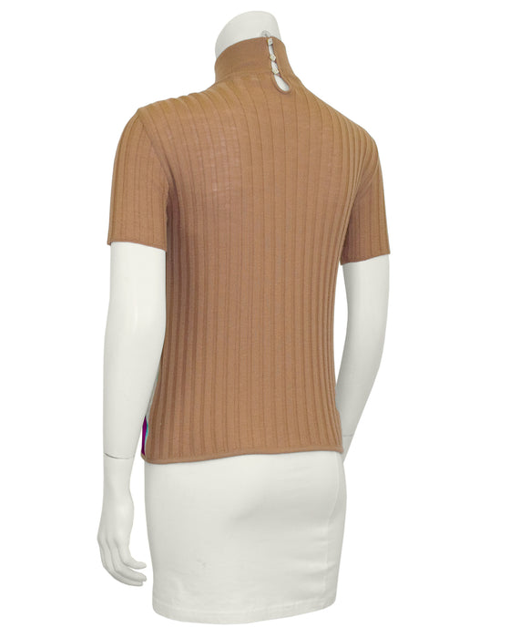 Beige and Multi Colour Fall 2000 Short Sleeve Mockneck Knit Top