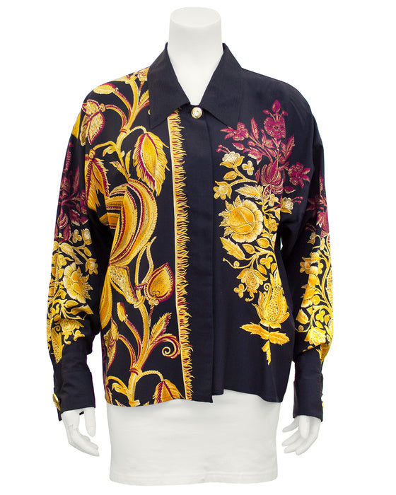 Black Silk Shirt with Gold and Maroon Botanical Print Vintage Couture Black Silk Shirt with Gold and Maroon Botanical Print Vintage Couture