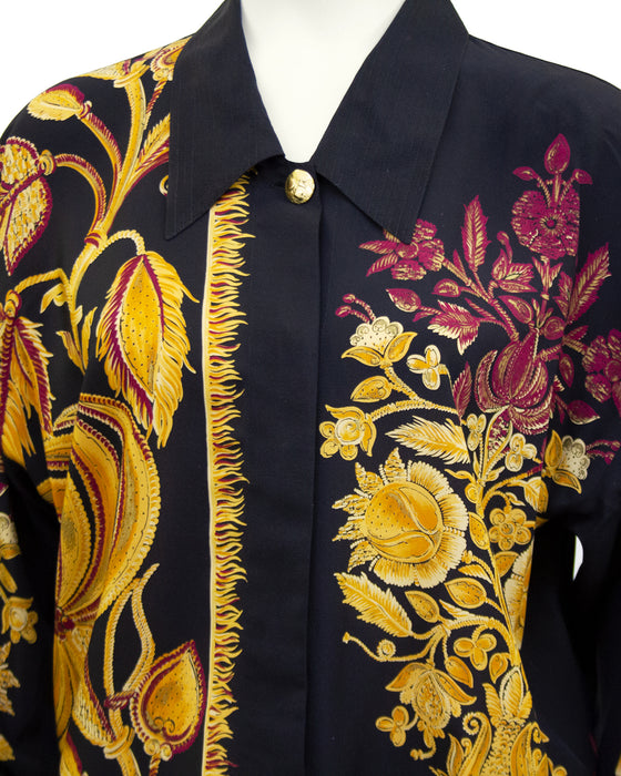 Black Silk Shirt with Gold and Maroon Botanical Print