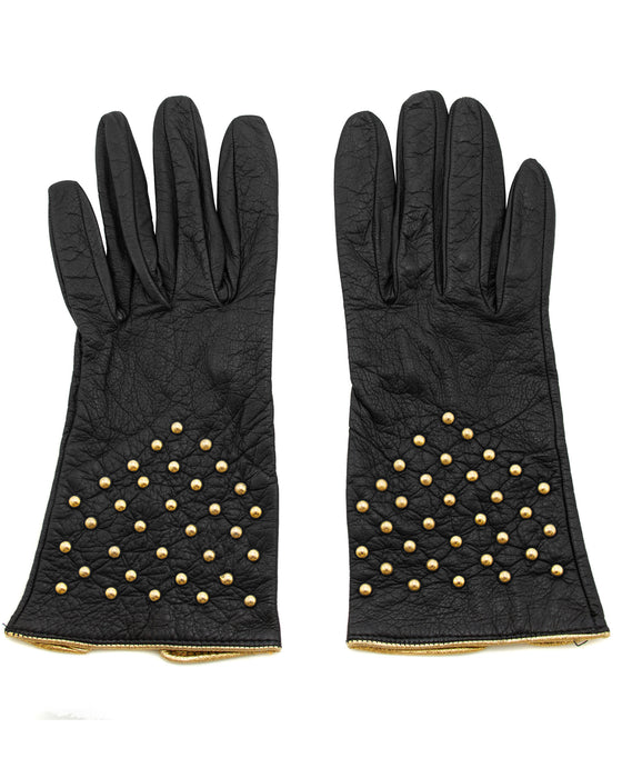 Black Leather Gloves with Gold Studs