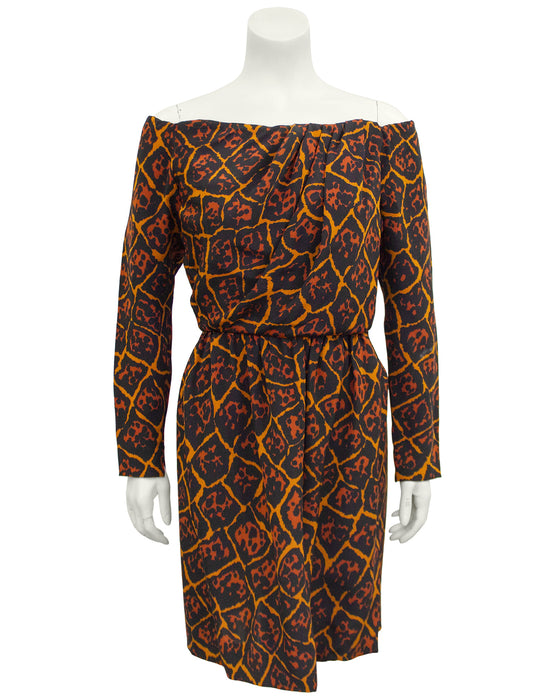 Brown Leopard/Giraffe Print Off The Shoulder Dress
