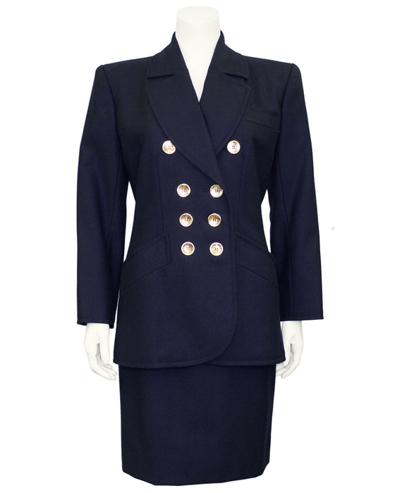 Navy Wool Skirt Suit with Gold Buttons