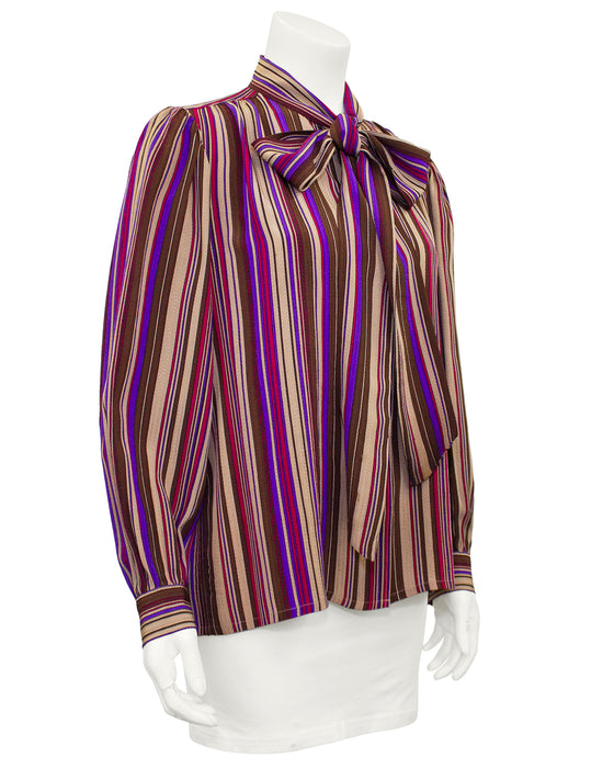 Purple Stripe Silk Pussybow Blouse