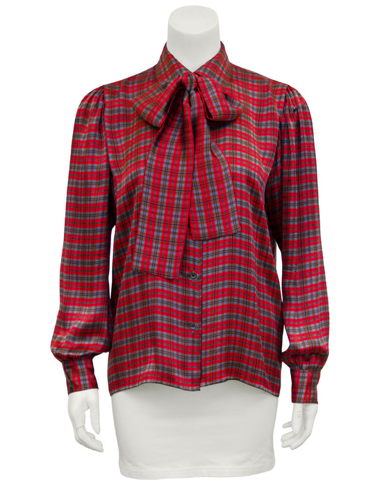 Red, Blue and Brown Tartan Pussy Bow Blouse