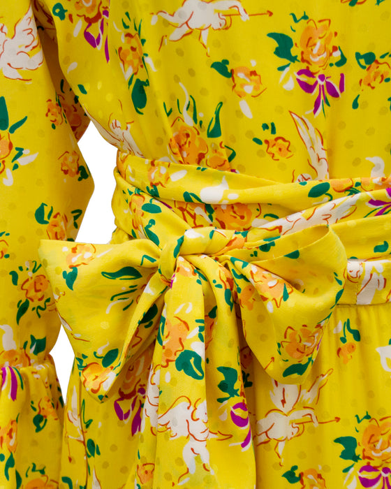 Yellow Floral & Cupid Silk Jacquard Dress